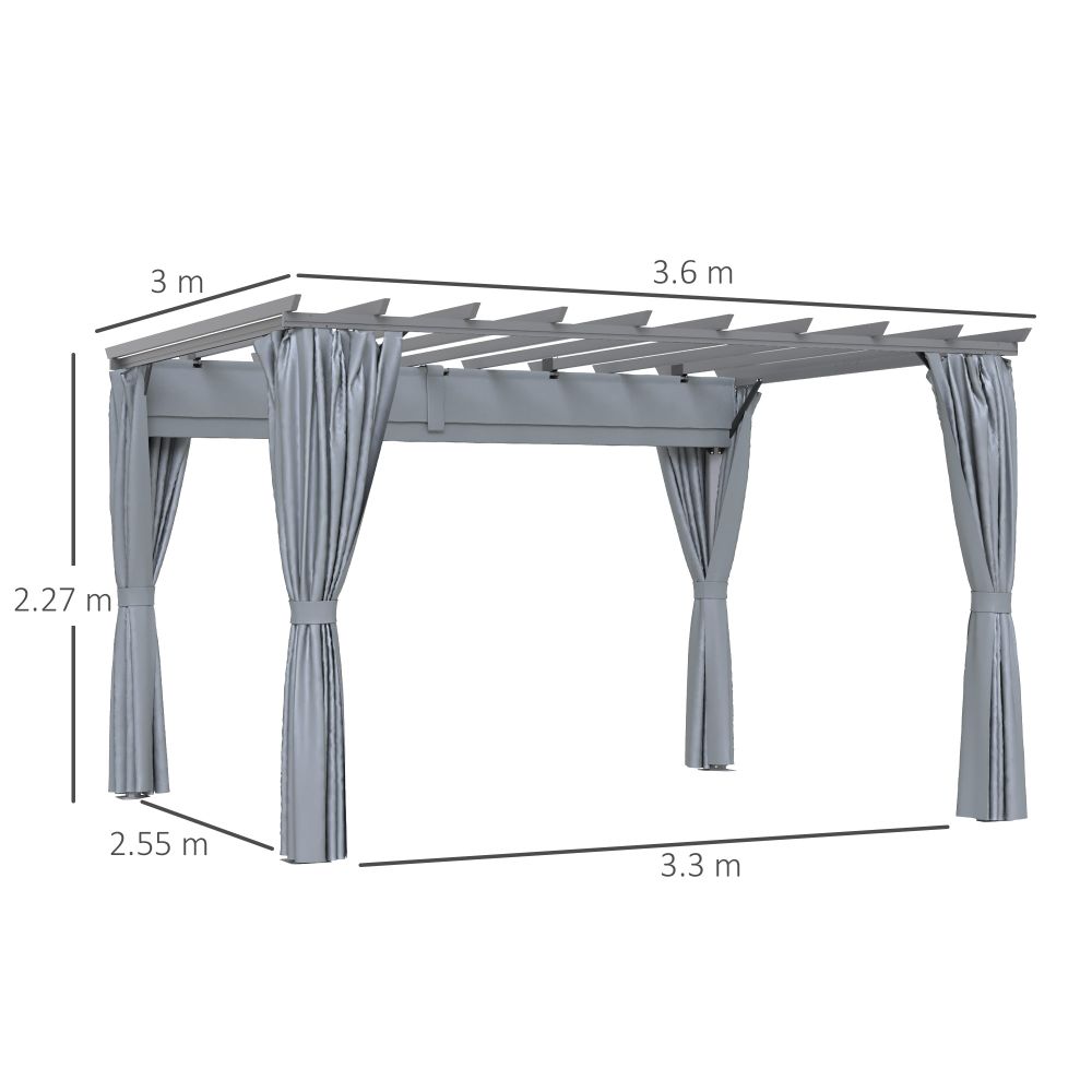 Outsunny 3.6x3m Aluminum Pergola Canopy with Retractable Curtains - Dark Grey
