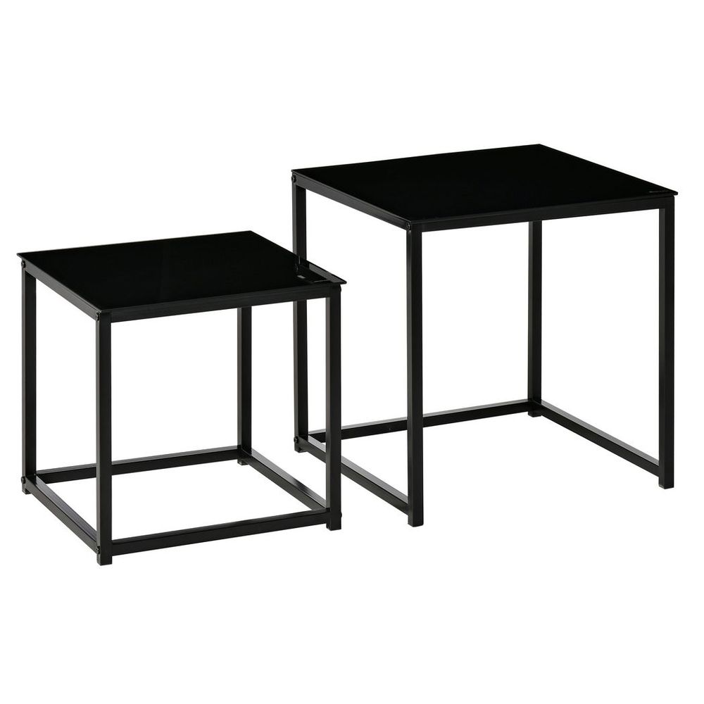 Elegant Nesting Side Tables Set with Tempered Glass Top - Modern Black Design