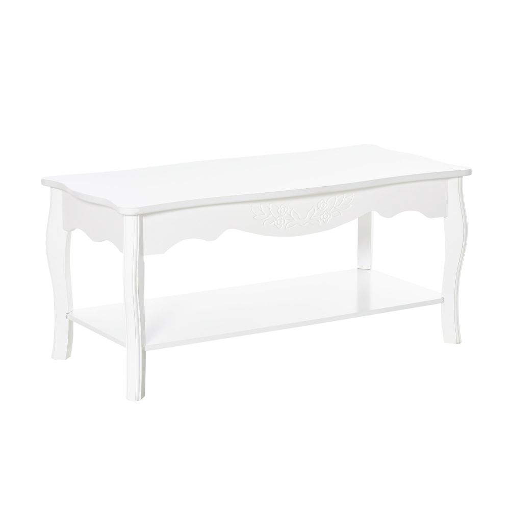 Modern White Coffee Table with Curved Legs & Storage Shelf - 94x44x42 cm