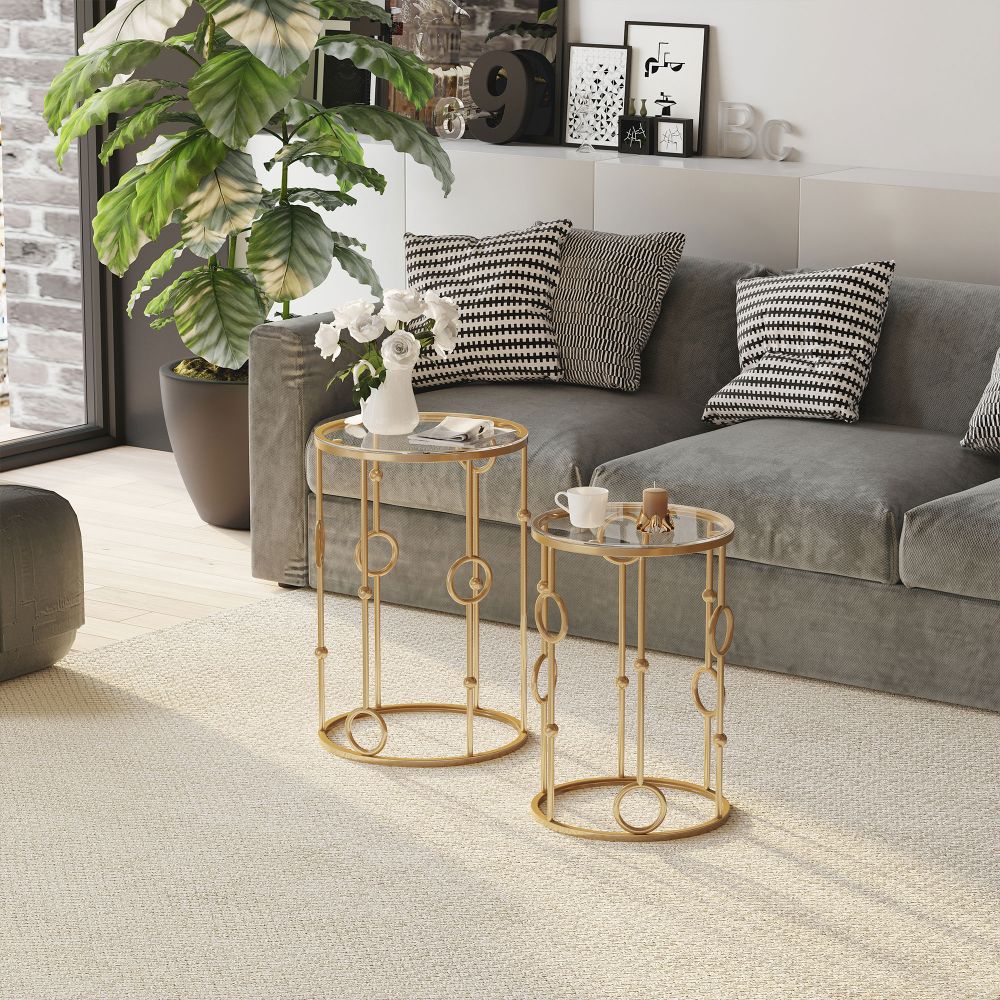 Elegant Gold Nesting Coffee Table Set with Glass Tops - Modern Chic Design