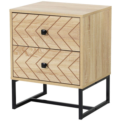 Chic Zig Zag Two-Drawer Bedside Table with Sleek Black Metal Handles