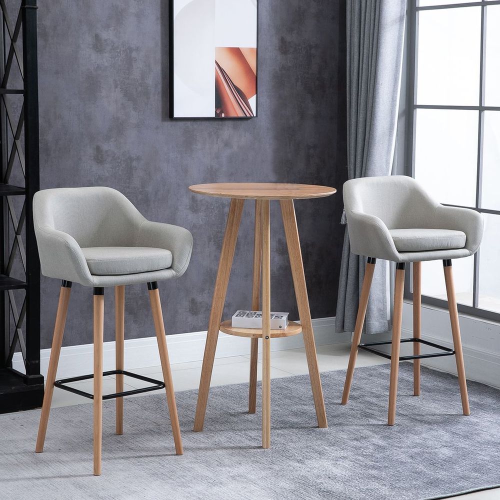 Set of 2 Modern Upholstered Bar Stools with Solid Wood Legs - Beige Comfort