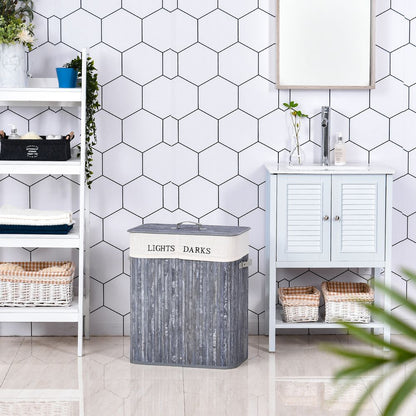 Double Section Bamboo Laundry Hamper with Removable Lining & Easy Handles