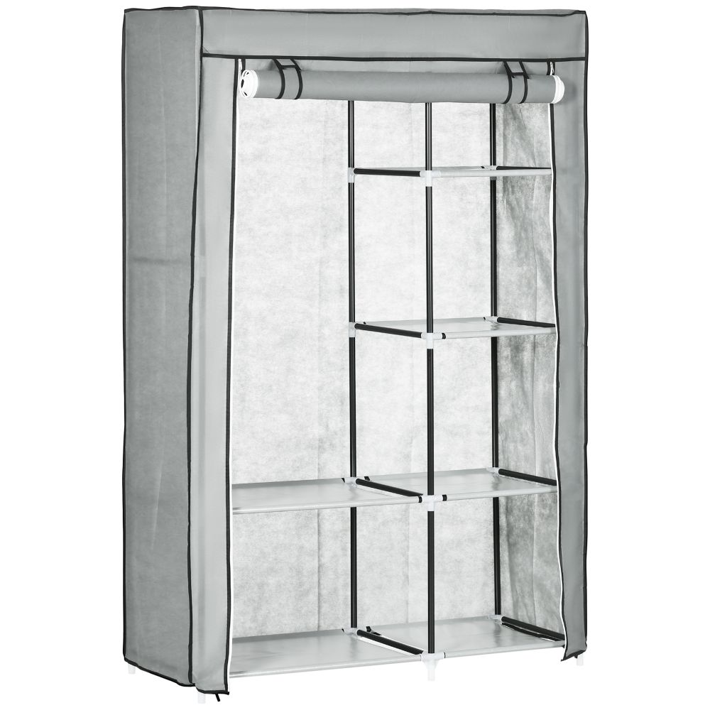 Light Grey Portable Fabric Wardrobe with 6 Shelves & Hanging Rail - Multi-Storage