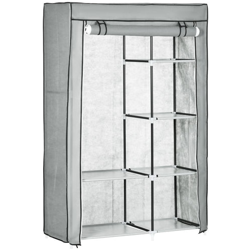 Light Grey Portable Fabric Wardrobe with 6 Shelves & Hanging Rail - Multi-Storage