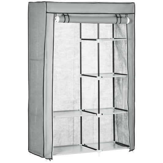Light Grey Portable Fabric Wardrobe with 6 Shelves & Hanging Rail - Multi-Storage