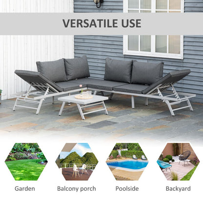 Versatile 3-Piece Garden Seating Set: Grey Convertible Sofa & Coffee Table