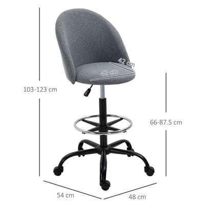 Vinsetto Adjustable Draughtsman Chair - Grey Padded Seat, 5 Wheels for Home Office