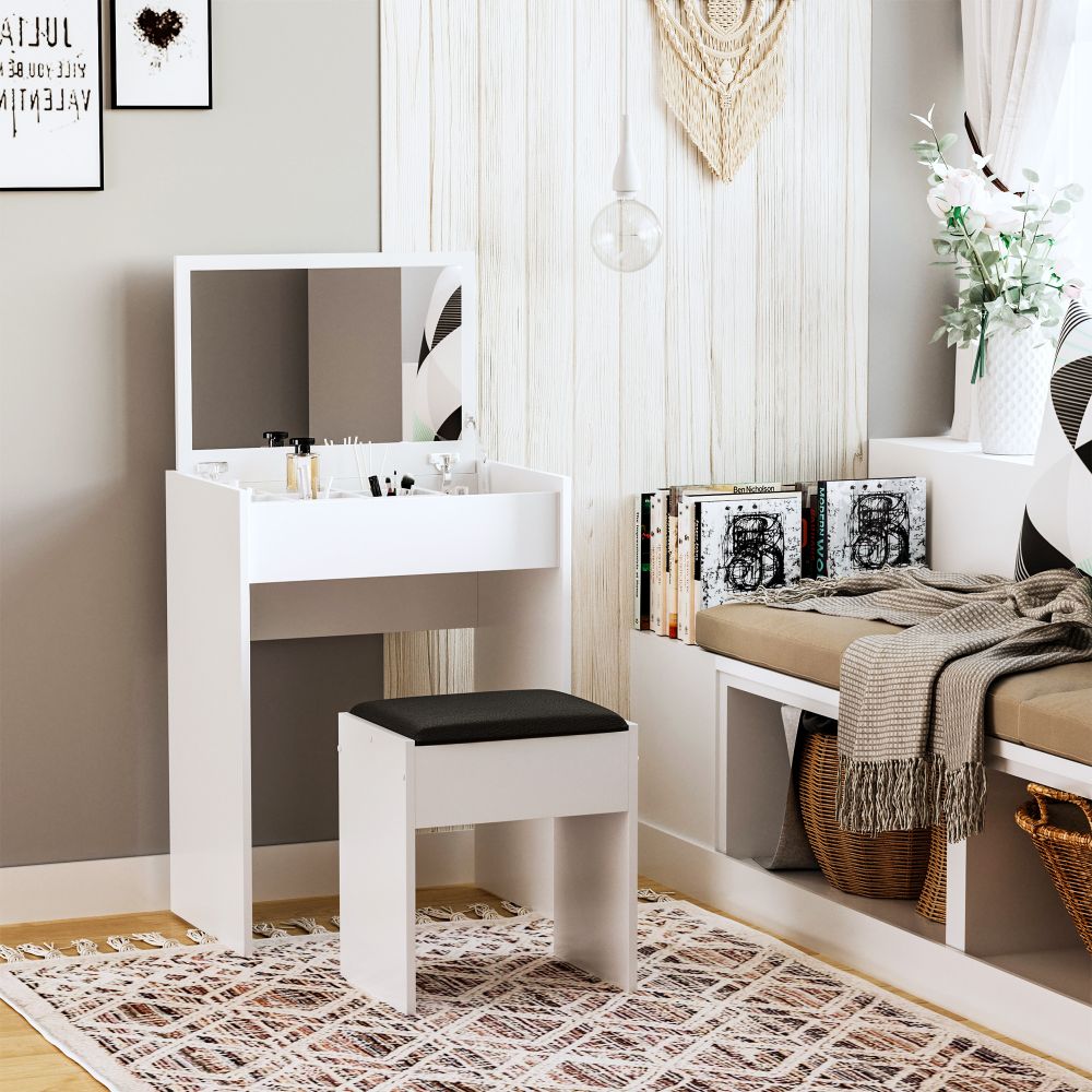 Elegant White Dressing Table Set with Padded Stool & Flip-Up Mirror