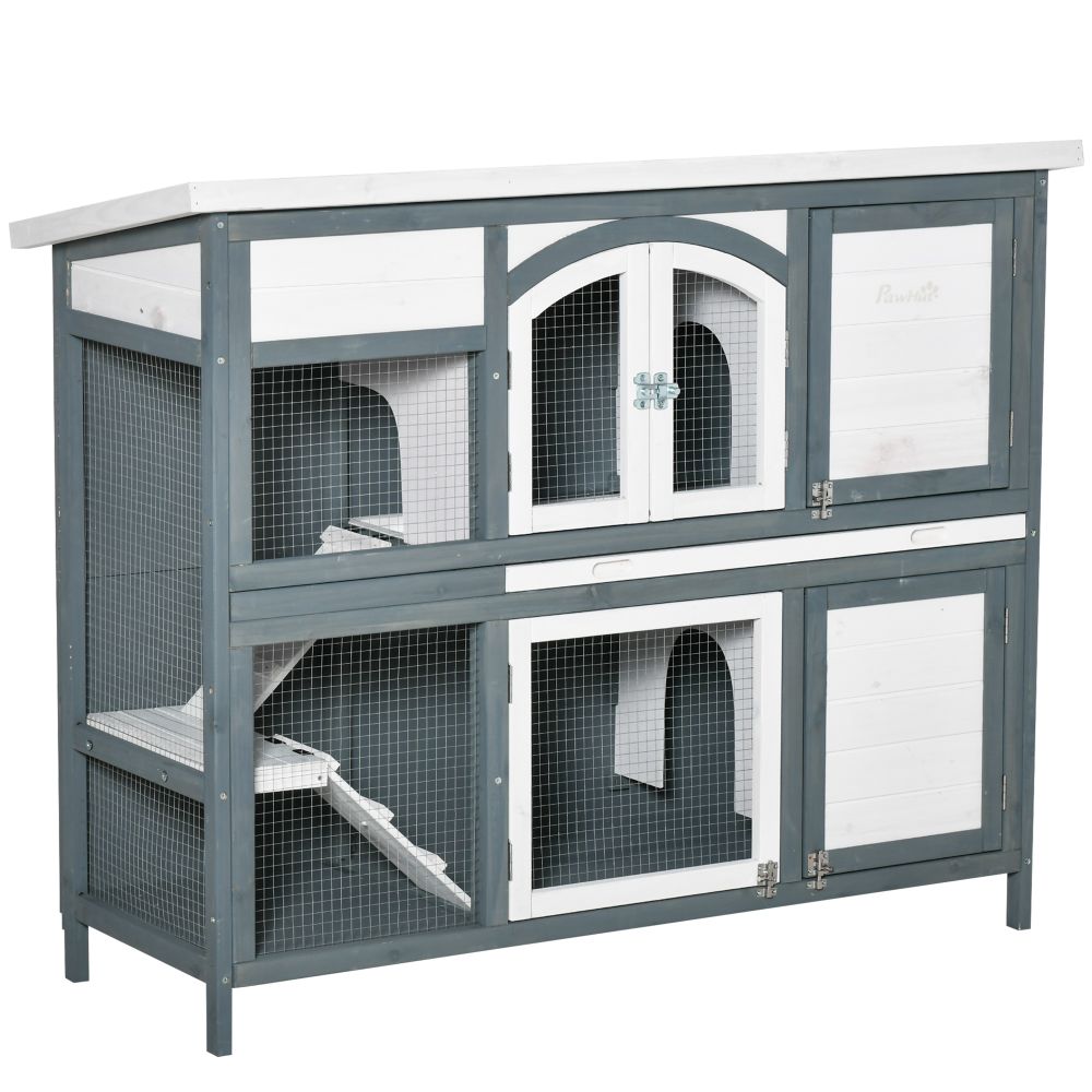 Spacious Two-Tier Bunny Hutch: Open Roof, Ramp, & Easy-Clean Slide-Out Tray