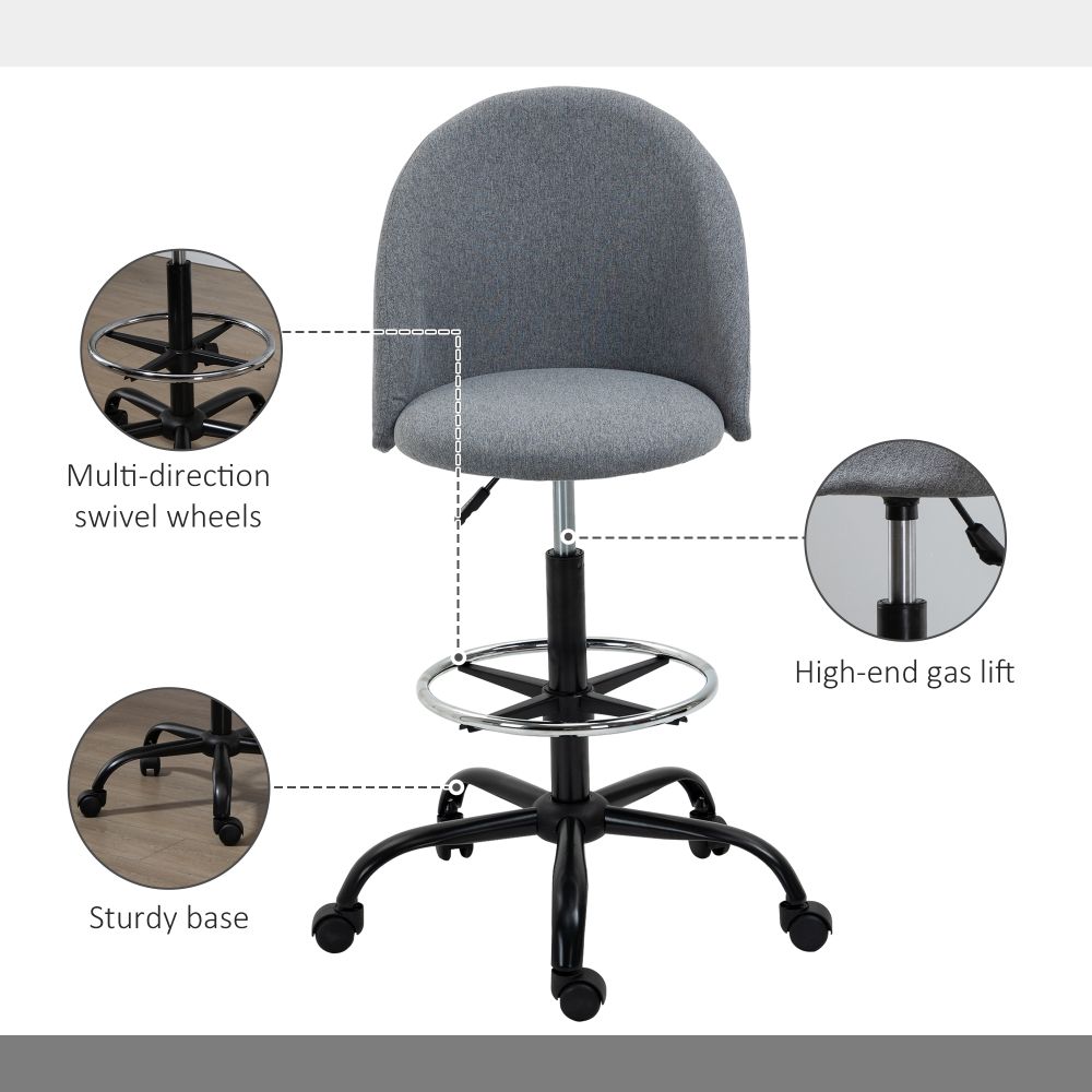 Vinsetto Adjustable Draughtsman Chair - Grey Padded Seat, 5 Wheels for Home Office
