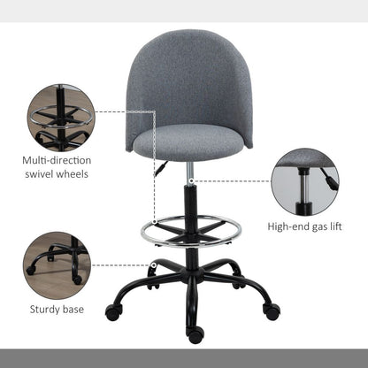 Vinsetto Adjustable Draughtsman Chair - Grey Padded Seat, 5 Wheels for Home Office