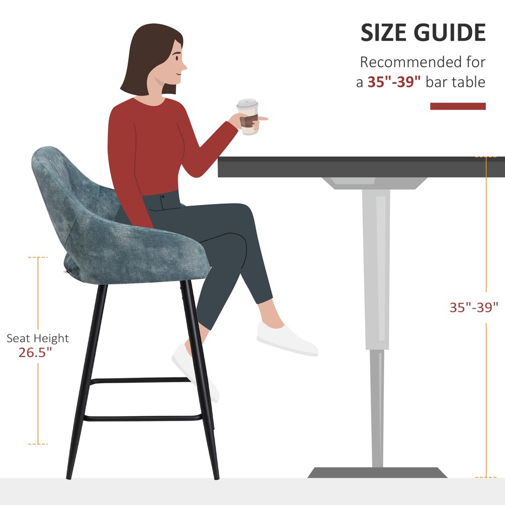 Elegant Velvet Bar Stools Set of 2 - Comfortable Height Chairs in Blue