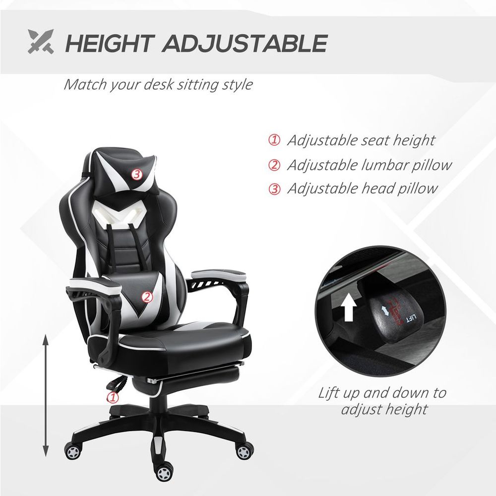 Ergonomic Reclining Gaming Chair with Footrest - Stylish White Office Comfort