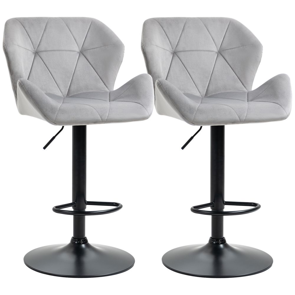 Set of 2 Elegant Velvet Bar Stools with Sturdy Metal Base - Grey Chic Design