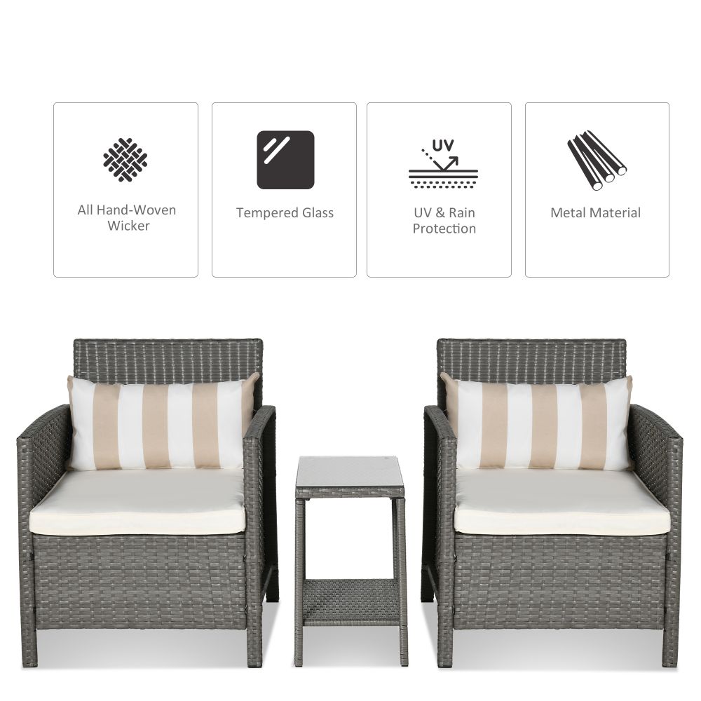 Chic Rattan 2-Seater Bistro Set with Cozy Cushions - Grey & Cream