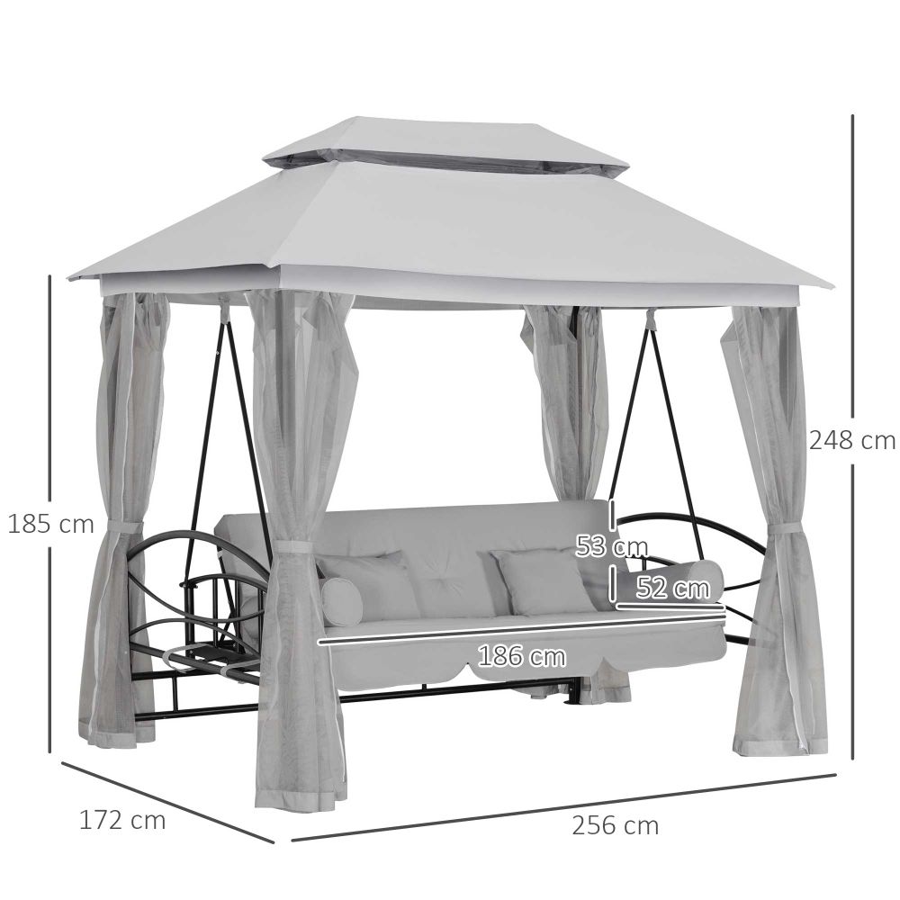 3-Seater Convertible Swing Bed with Canopy & Cushions - Grey Oasis Comfort