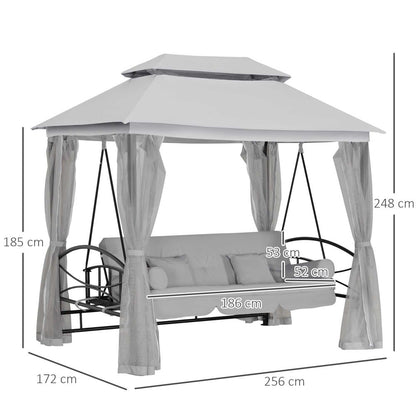 3-Seater Convertible Swing Bed with Canopy & Cushions - Grey Oasis Comfort