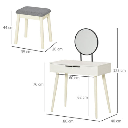 Elegant White Vanity Makeup Set with Round Mirror & Cushioned Stool