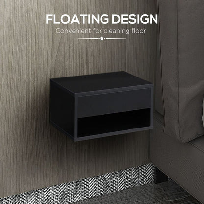 Elegant HOMCOM Wall-Mounted Floating Nightstand Set with Drawer - Black Duo