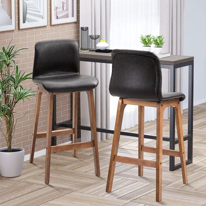 Chic Faux Leather Bar Stool Set - 93cm High Back, Brown Wooden Frame, 2 Pieces