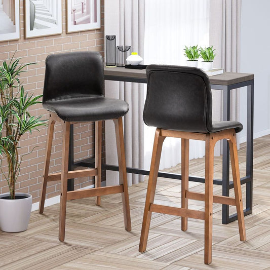 Chic Faux Leather Bar Stool Set - 93cm High Back, Brown Wooden Frame, 2 Pieces