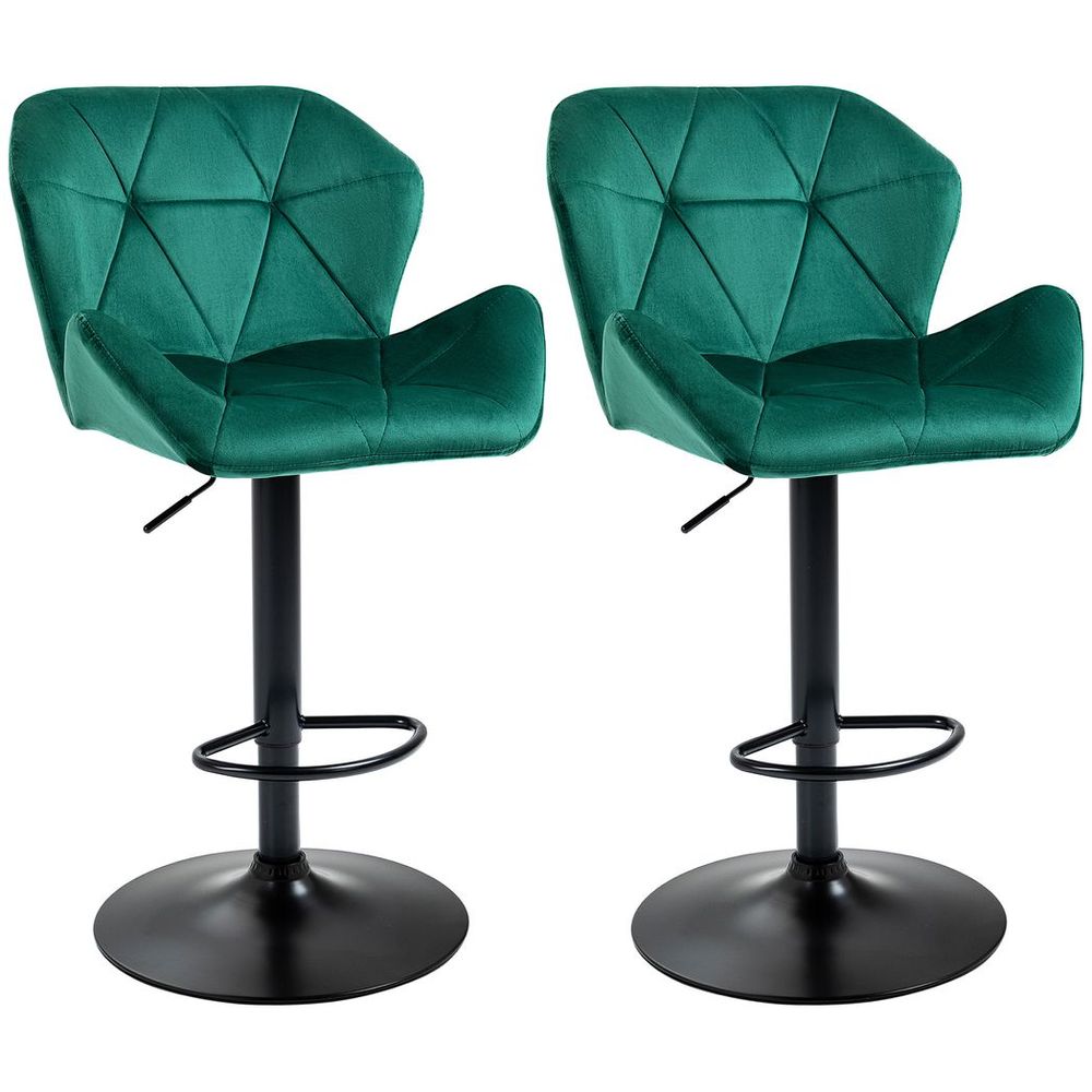 Elegant Green Velvet Bar Stools - Set of 2 with Adjustable Metal Footrest