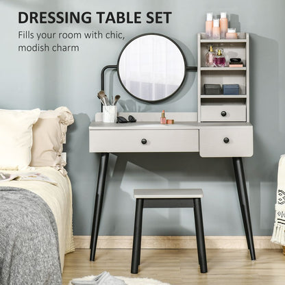 Elegant Grey Dressing Table Set with 3 Drawers & Stool - Multi-Storage Design