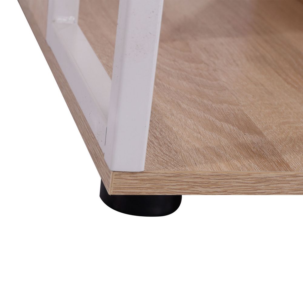 Elegant Oak & White Workstation Desk with Dual Drawers and Multi-Shelves