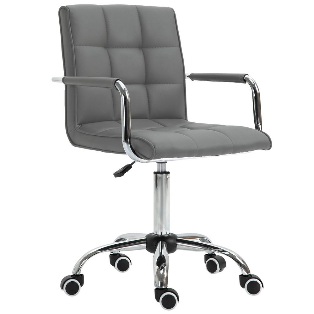 Modern Grey PU Leather Swivel Desk Chair with Armrests - Home Office Comfort
