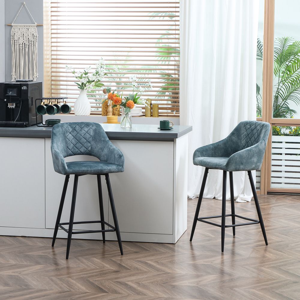 Elegant Velvet Bar Stools Set of 2 - Comfortable Height Chairs in Blue