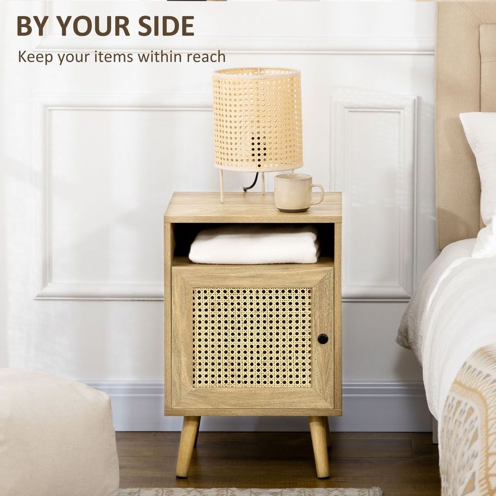 Rustic Elegance: HOMCOM Rattan Nightstand with Cabinet & Shelf for Chic Spaces