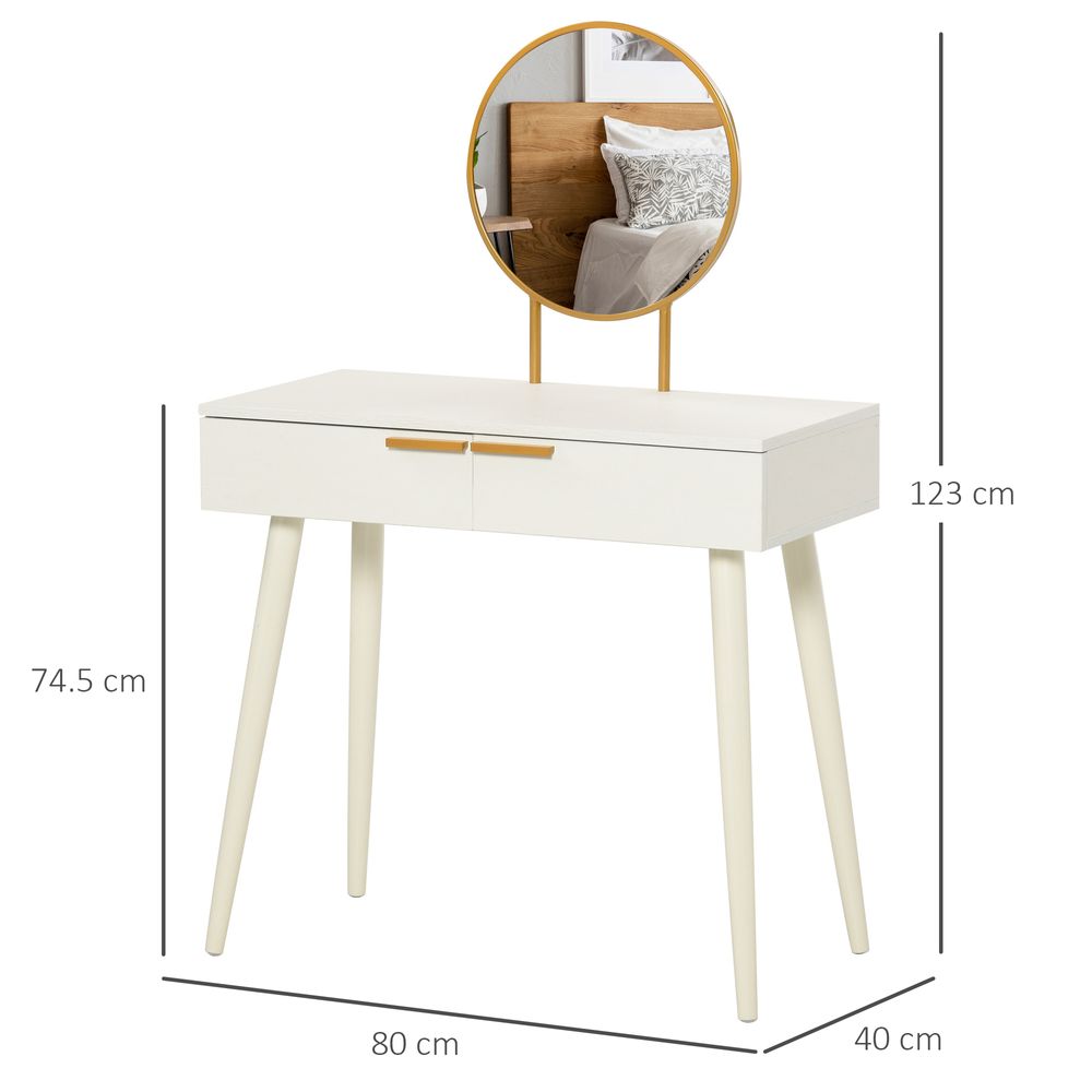 Elegant White HOMCOM Dressing Table with Round Mirror & Gold Accent Drawers