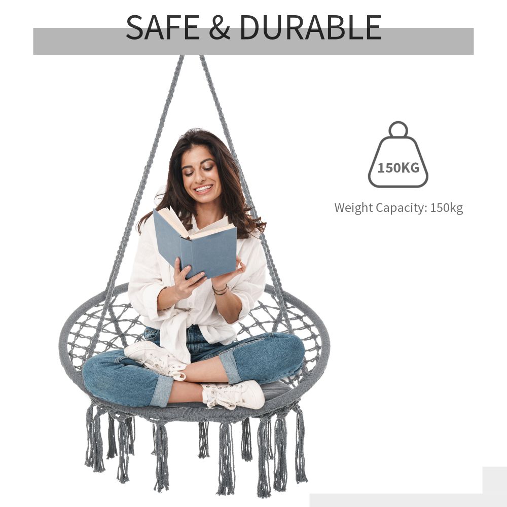 Cozy Bohemian Macrame Swing Chair with Padded Cushion & Stylish Tassels - Grey