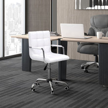 Load image into Gallery viewer, Stylish White Mid Back PU Leather Swivel Desk Chair with Armrests &amp; Wheels
