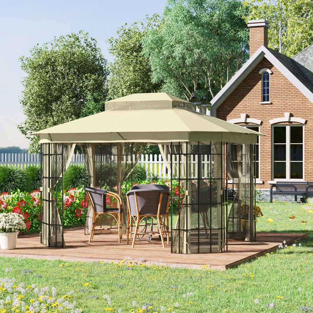 Elegant 3.7x3m Patio Gazebo with Mosquito Net & Sturdy Metal Frame - Beige Bliss