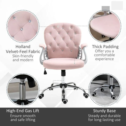 Sparkling Velvet Ergonomic Office Chair - 360° Swivel, Pink Diamond Tufted