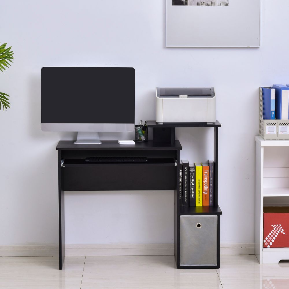 Unique Black Computer Desk with Sliding Keyboard Tray & Storage Solutions
