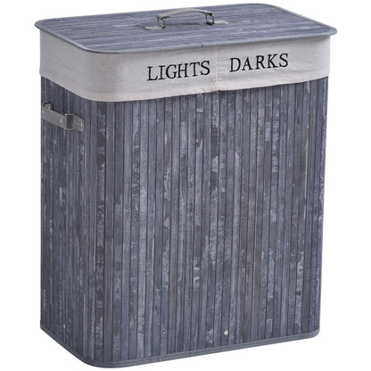 Double Section Bamboo Laundry Hamper with Removable Lining & Easy Handles