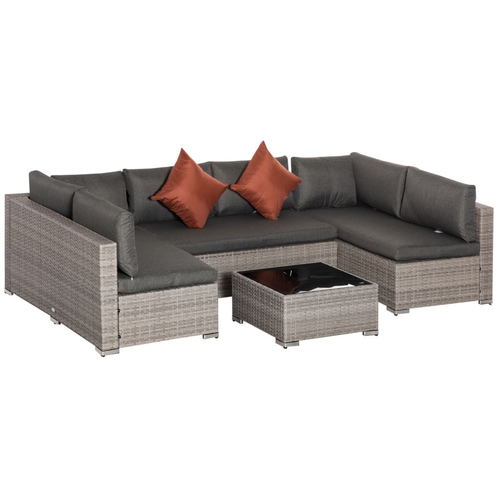 Modern 6-Seater Grey Rattan Patio Sofa Set with Tempered Glass Table