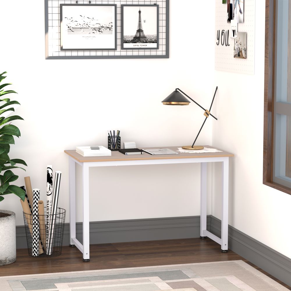 Modern Oak Grain Computer Desk with Durable White Metal Frame - Stylish & Functional