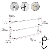 Load image into Gallery viewer, THREE Stagger Layers Towel Rack Upgraded with SIX Movable Hooks Stainless Steel Towel Bars Bathroom Accessories Set for Hanging Bath Sponge and Towels Bright Polishing 23.62 inches KJWY005YIN-60CM
