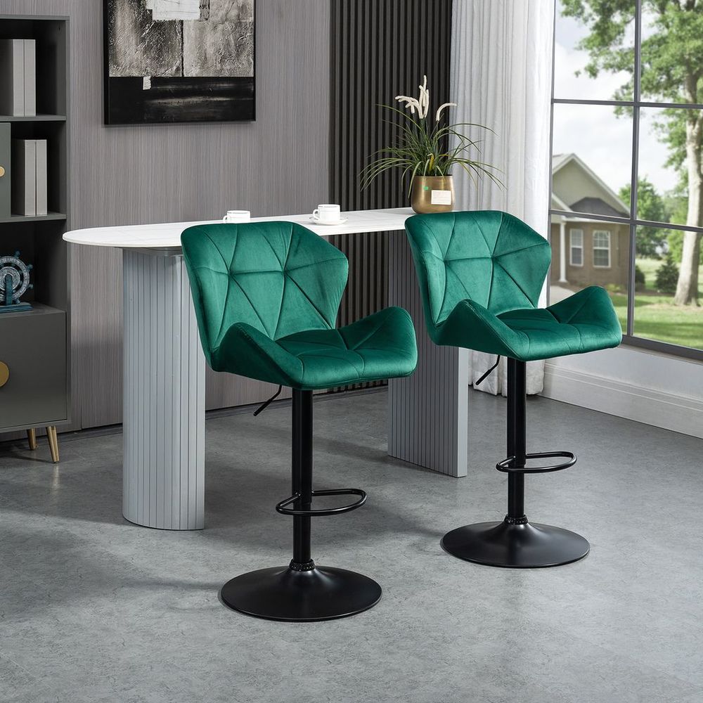 Elegant Green Velvet Bar Stools - Set of 2 with Adjustable Metal Footrest