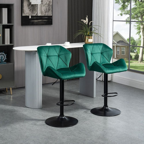 Elegant Green Velvet Bar Stools - Set of 2 with Adjustable Metal Footrest