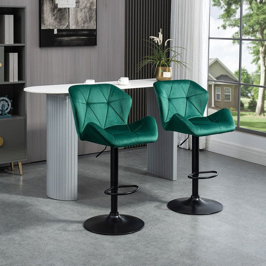 Elegant Green Velvet Bar Stools - Set of 2 with Adjustable Metal Footrest