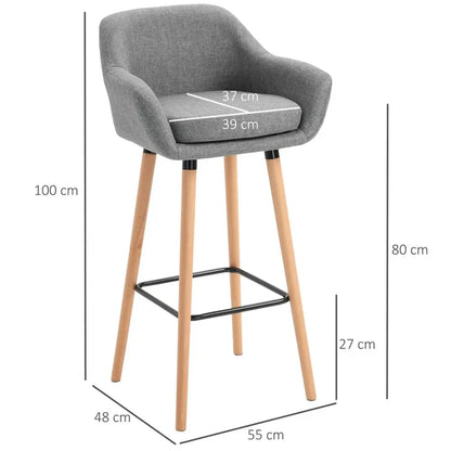Chic Modern Grey Fabric Bar Stools - Set of 2 with Solid Wood Legs