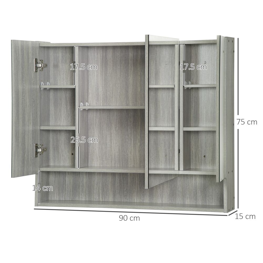 kleankin Grey Wall-Mounted Bathroom Mirror Cabinet with 3 Doors & Storage