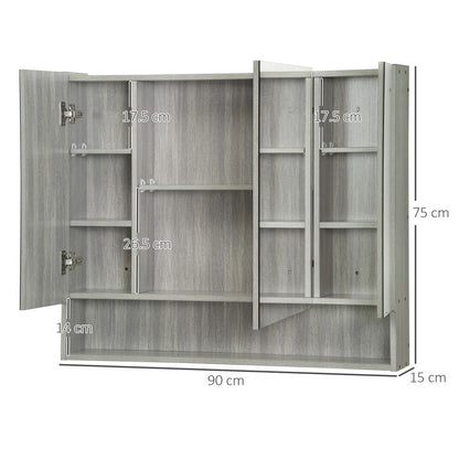 kleankin Grey Wall-Mounted Bathroom Mirror Cabinet with 3 Doors & Storage