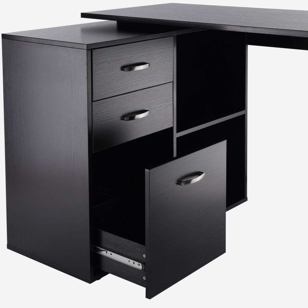 L-Shape Convertible Desk with Drawer & File Cabinet - Black Finish