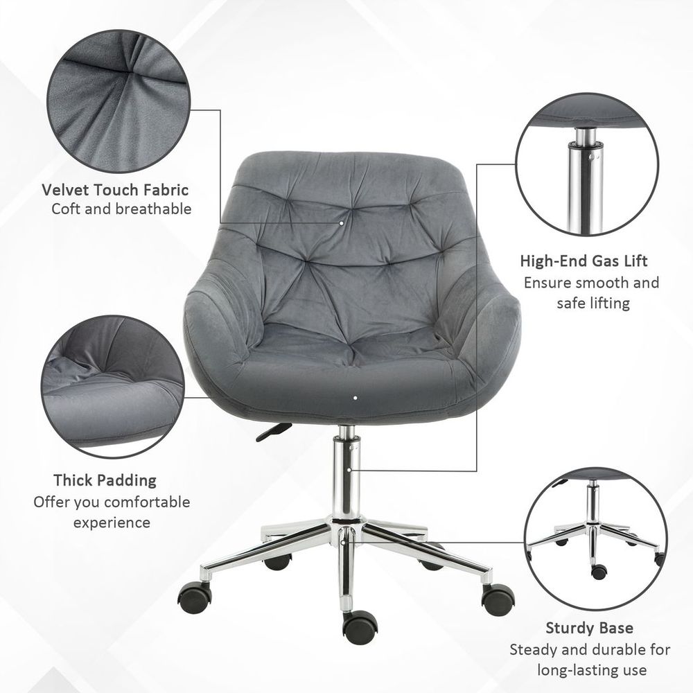 Elegant Velvet Home Office Chair: Adjustable Comfort in Dark Grey